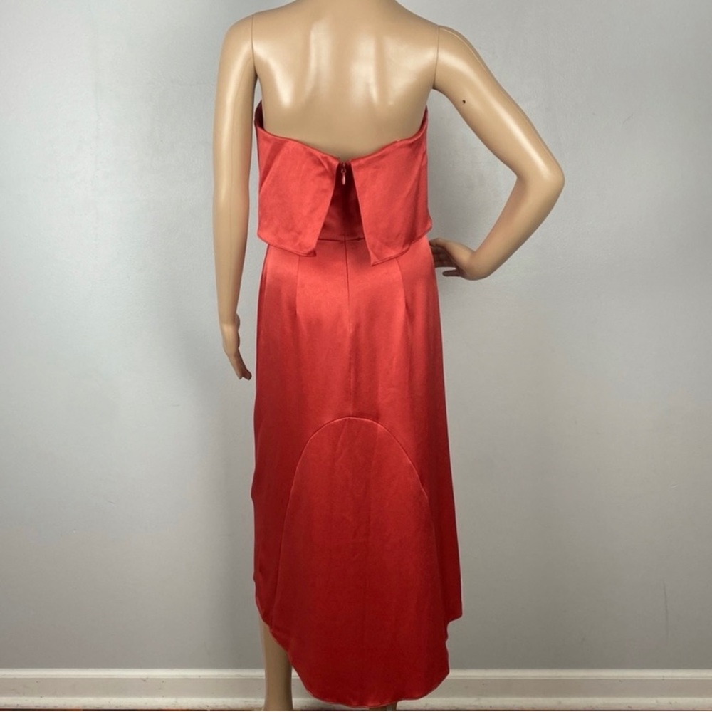 HALSTON HERITAGE STRAPLESS POPOVER SATIN MIDI DRESS - Picture 7 of 9